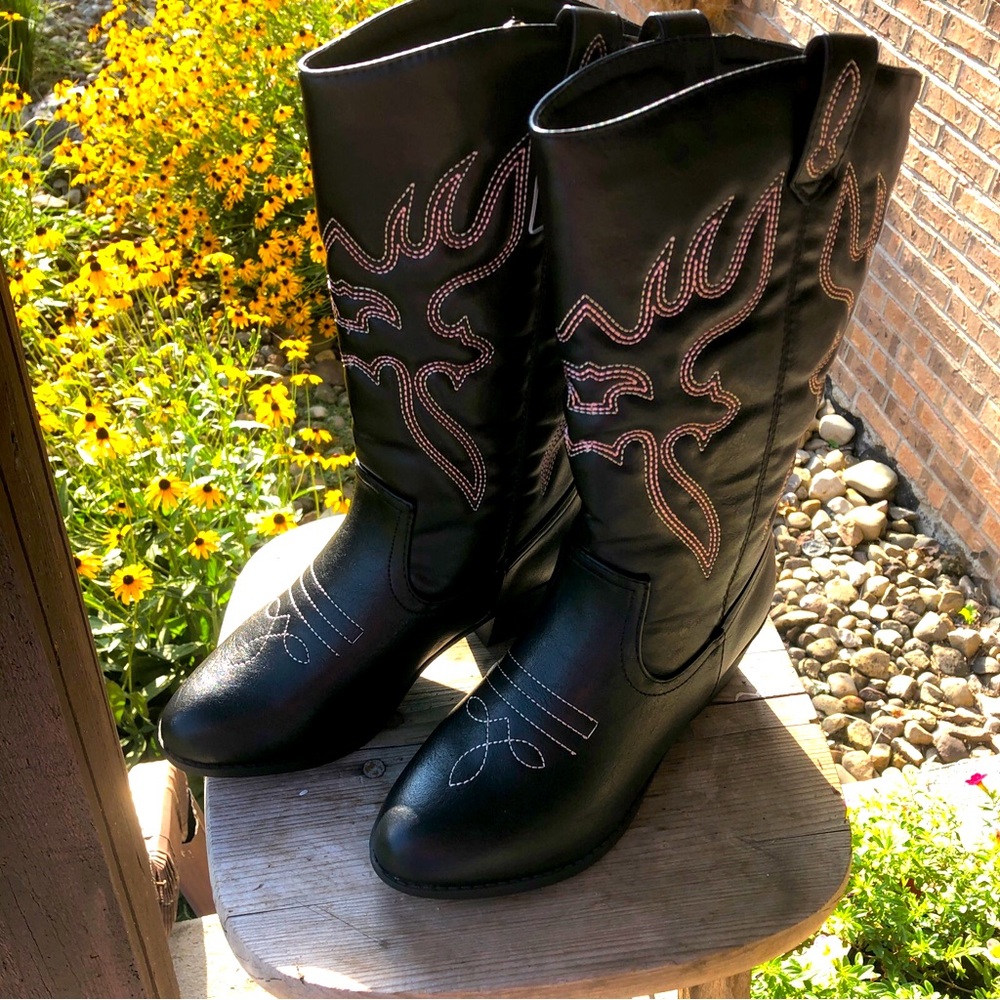 Women Cowgirl Western Boots Round Pointed Toe Pull On Mid Calf Boots Size 6.5